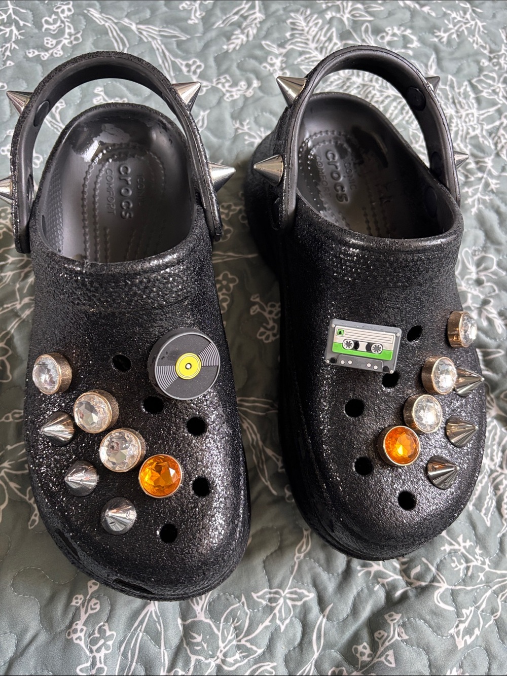Womens Black Glitter Classic platform Clog with Charms Rockstar with Jibbitz